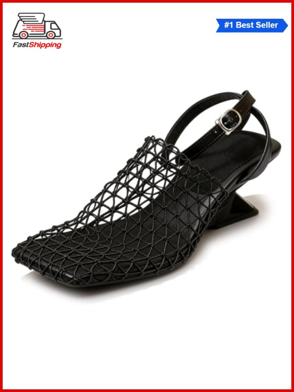 Womens Fishnet Wedge Sandals Closed Square Toe Block Heel Braid Mesh Slingback